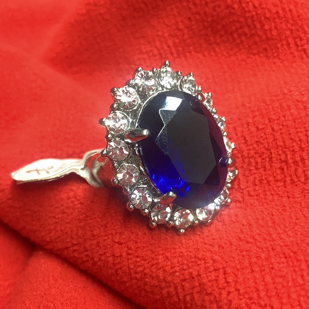 Elegant CZ Diamond and Silver Sapphire Ring size 8